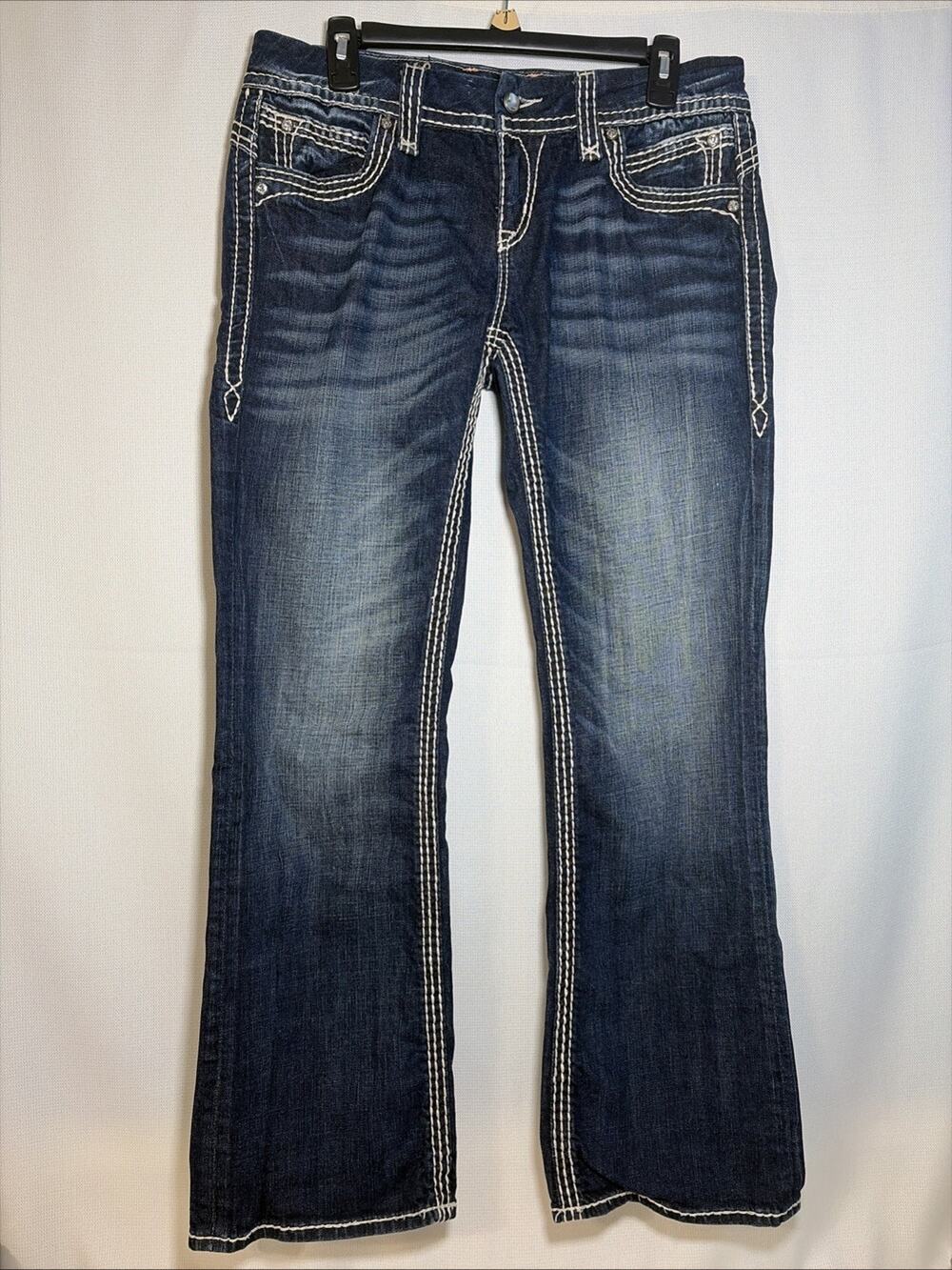 Rock Revival “Liz” Easy Boot Jeans Women’s 30 Dark Blue Thick Stitch Whiskering